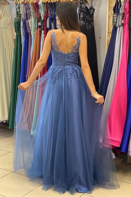Vestido de fiesta de corte A con apliques de encaje de tul